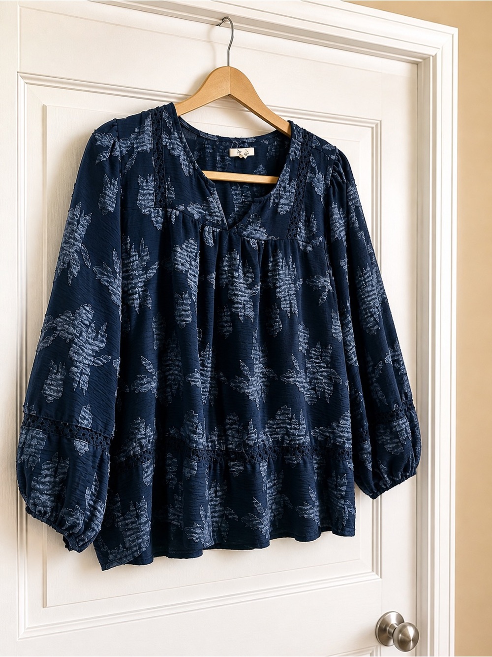 Maurices Navy Blue Printed Peasant Blouse